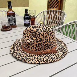 Large Flat Brim Autumn Winter Elegant Hats for Ladies Men Jazz Leopard Fedora Hat