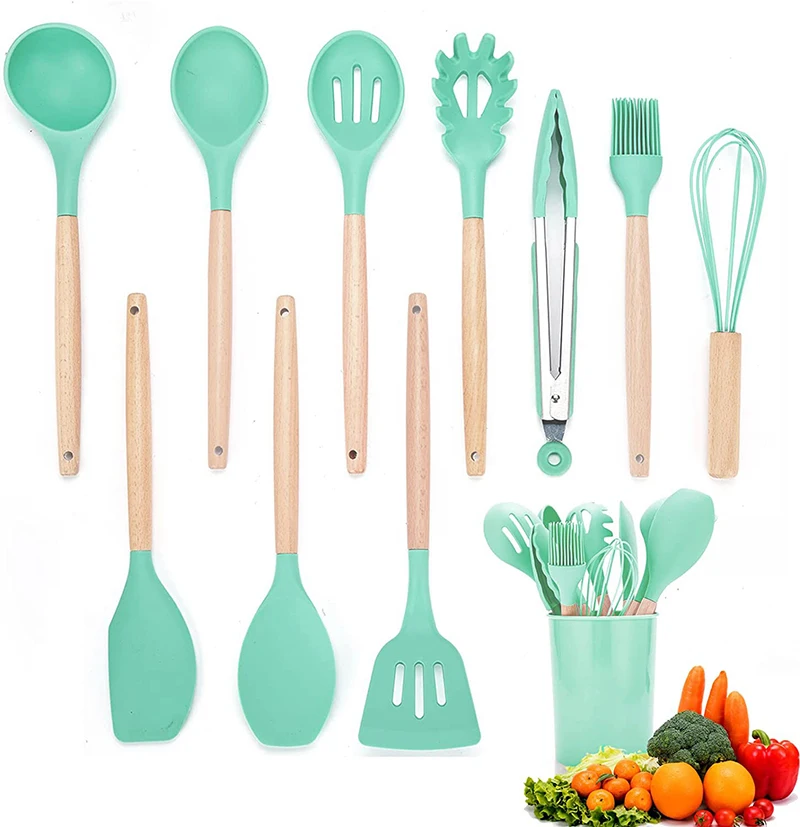 Home12 Pieces In 1 Set Silicone Kitchen Accessories Cooking Tools Kitchenware Silicone Kitchen Utensils With Wooden Handles