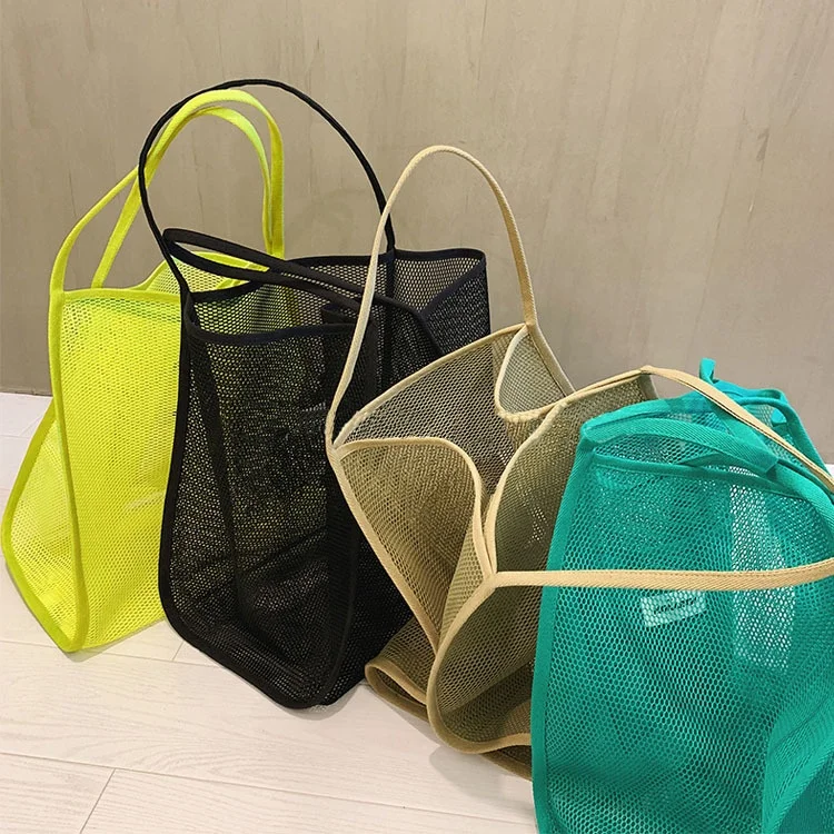 BOOMBM Outdoor Durable Big Storage Beach Carry Bag Large Mesh Beach Tote Bag Promotion Polyester Mesh Shopping Bag With Pocket