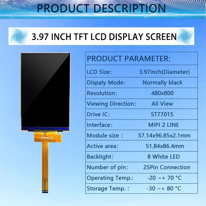 High Definition 3.97 Inch IPS TFT Display 480x800 MIPI Interface 25 Pins ST7701S LCD Module 4 Inch Graphic LCD Screen Panel