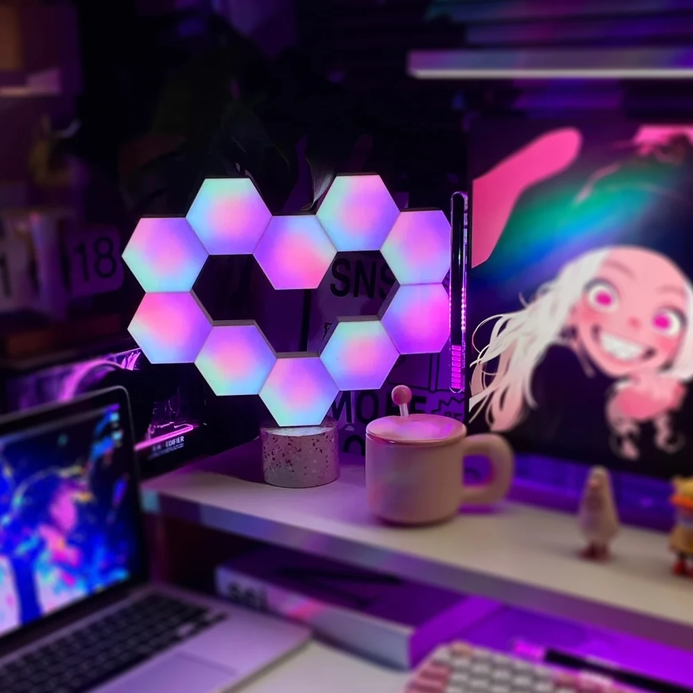JEJA Rainbow Gaming Room Desk Ambient Led Lights 16 Million Dream Colors Hexagonal Led Wall Lights Music Sync RGB Wall Panels