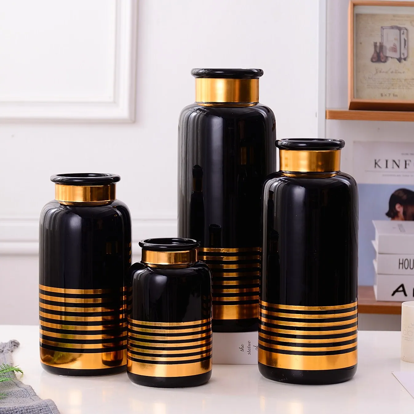  Simple modern white & black with gold line Cylinder Shape ceramic vases for home