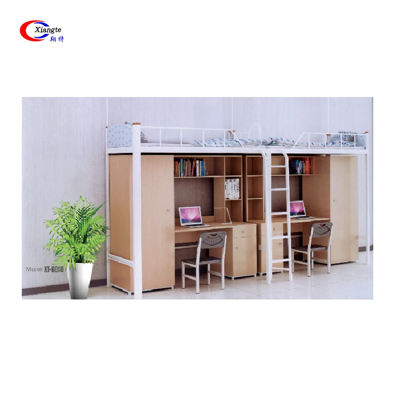 University School Twin Over Metal Frame Dormitory Bunk Bed With Desk And Wardrobe