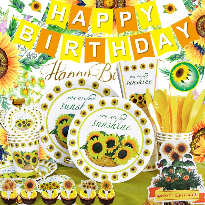Wholesale Sunflower Themed Tableware Party Supplies Disposable Plates Napkins Cutlery Tableware For Birthday Party Decorations