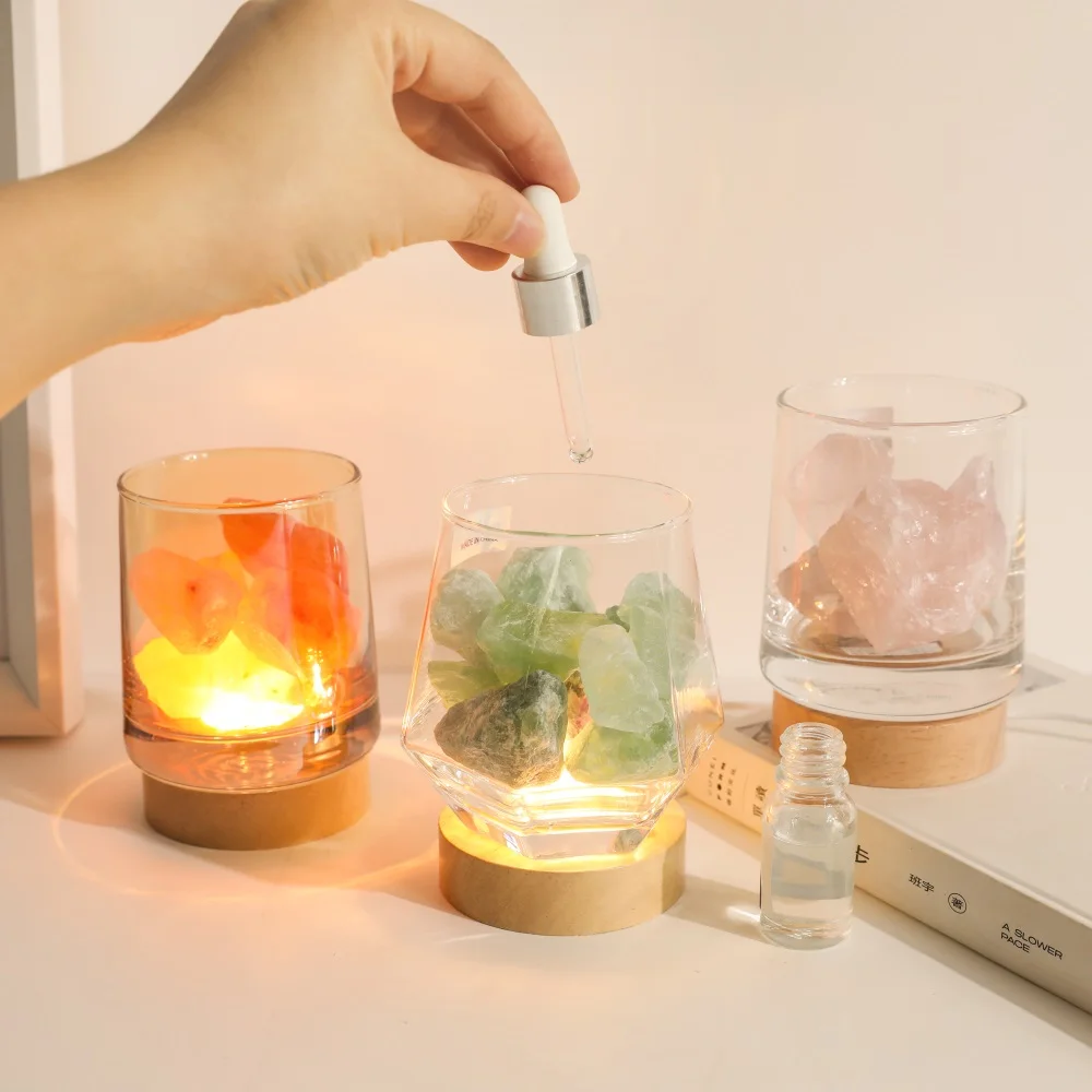 Maxery Fresh Forest Crystal Atmosphere Light Diffuser Green, Rose Clear Quartz Essential Oil Aromatherapy Calming Ambience Light