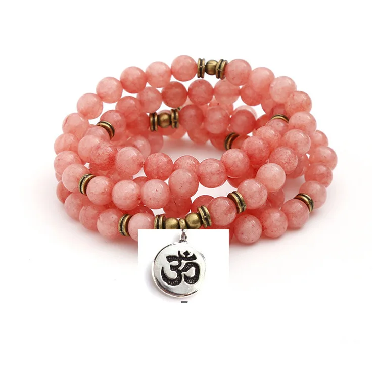 Natural Mashan Jade Watermelon Red Bracelet Gemstone Red Agate White Line Stone Carved Coral Beads