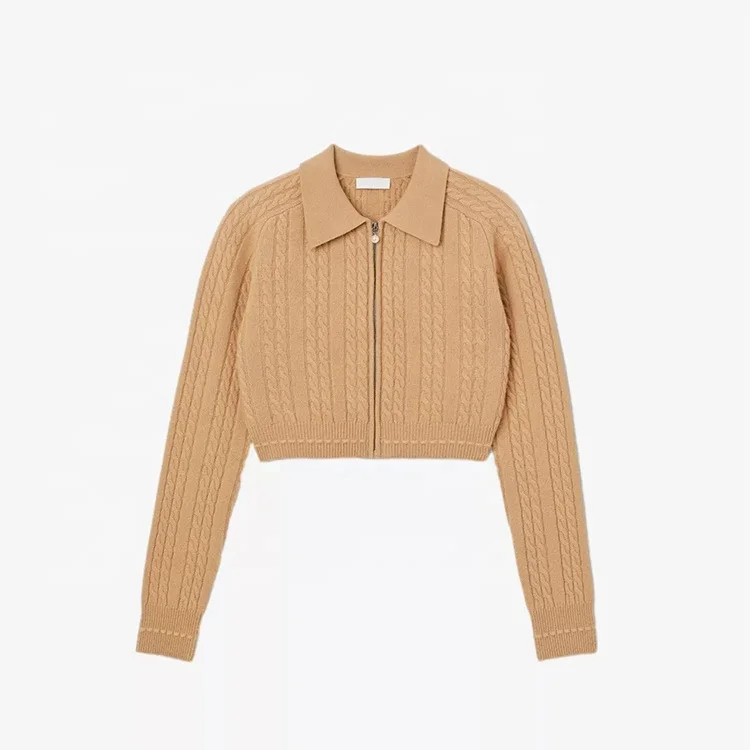 knitwear manufacturer custom spring autumn brown polo collar long sleeve zipper cable knit wool sweater women