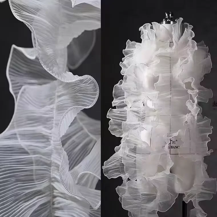 Big Wave Lace Fabric,Transparent Pleated Flounces Mesh Lace,DIY Dress Clothes Fashion Accessories Designer pleated Fabrics