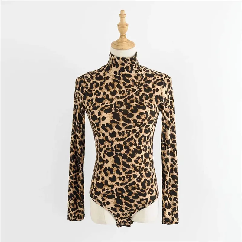 New Sexy High-necked Leopard-print Open Files Lady Jumpsuit Skinny Neck Club Party Jumpsuit