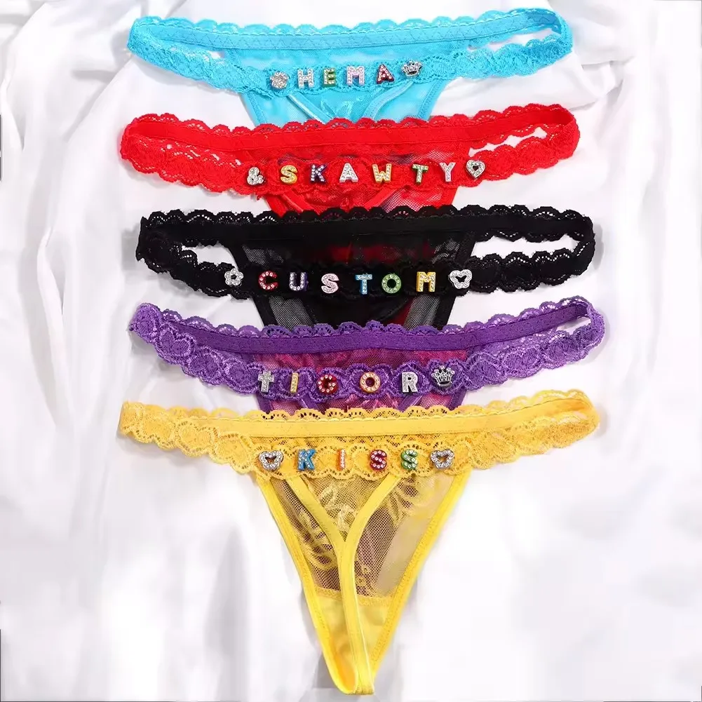 Customized colorful rhinestone lingerie women thong and bra lace bikini panties Personalized underwear plus size G-String Tangas