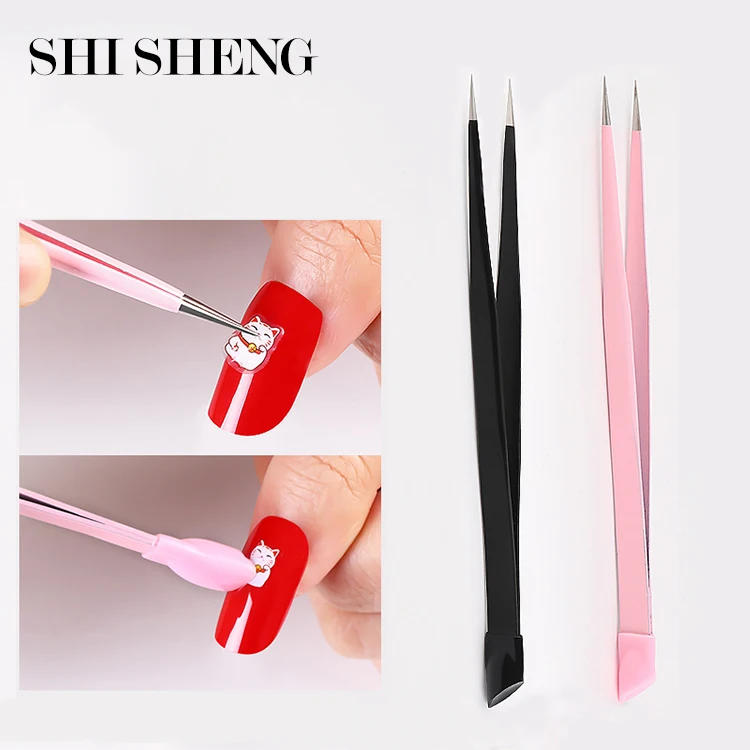SHI SHENG Nail Tweezers with Silicone Pressing Head for 3D Sticker Rhinestones Picker Stainless Steel Tweezers Manicure Tool
