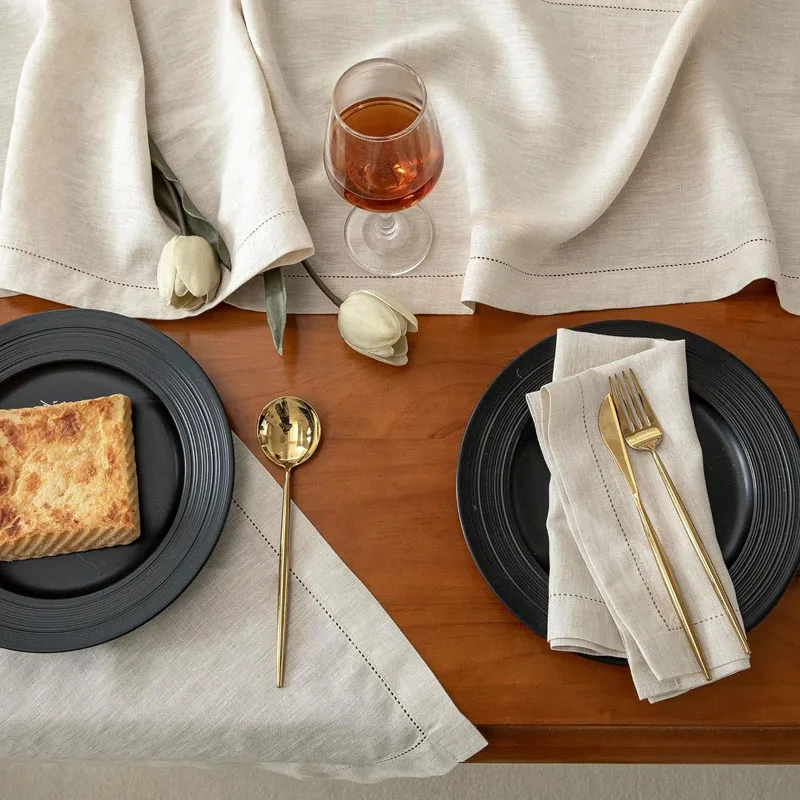 Hemstitch Beige Cotton Linen Tablecloth Wedding Banquet Reusable Washable Table Cloths for Events Dinner Custom Table Covers