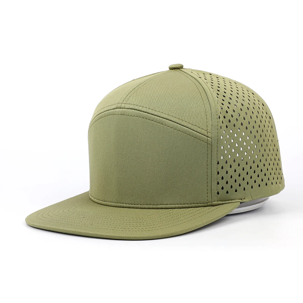 Oem Cheap Custom 5 Panel Men Blank Green Polyester Quick Dry Laser Cut Hat Breathable Perforated Hole Hat Flat Brim Snapback Cap