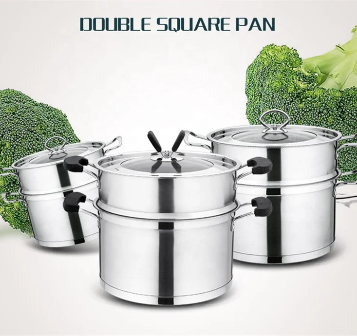 stainless steel double layer multi-purpose food steamer with glass lid cookware steel handle soup pot suit