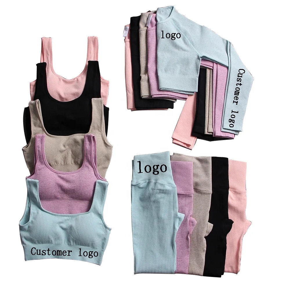 3 предмета в комплекте для женщин, спортивная одежда, одежда ДЛЯ ФИТНЕССА костюм для тренировки в рубчик леггинсы с высокой талией и спортивный бюстгальтер для йоги, Комлект бесшовной Йога Спортивный комплект из двух предметов, костюм