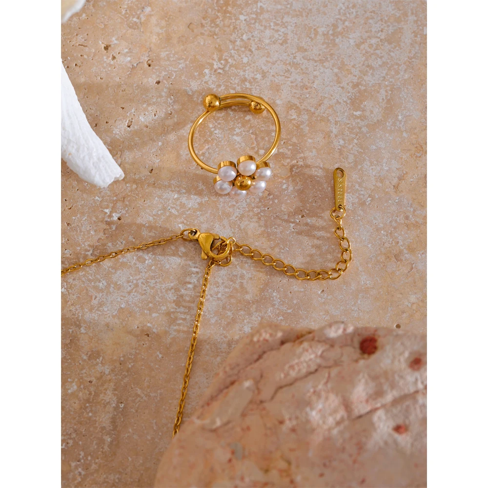 JINYOU 4438 Exclusive Simulated Pearls Flower Golden Necklace Ring Set PVD Stainless Steel Sweet Jewelry Set for Women Gift