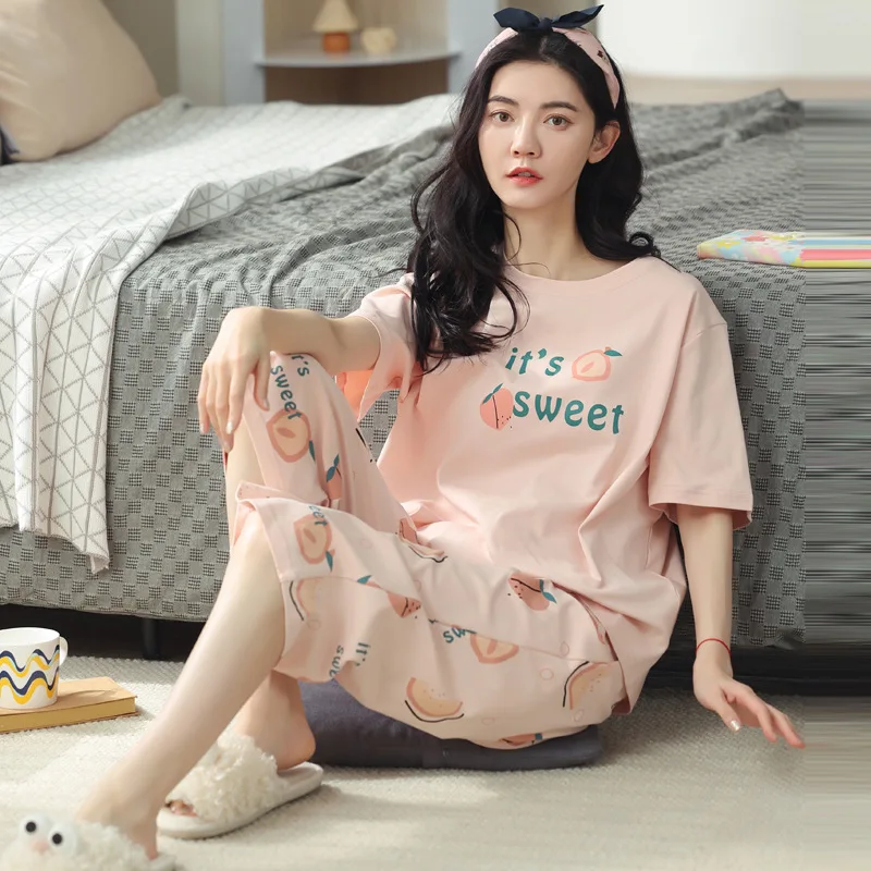 Wholesale sales 2024 summer cotton pajamas women short sleeve capri pants sweet casual summer comfortable home wear two sets