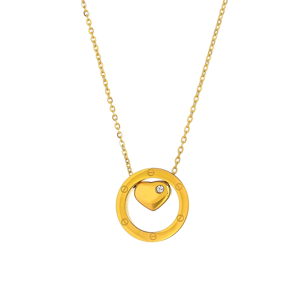 Craft Wolf charm accessories for girls PVD gold plated heart hollow circle pendant necklace