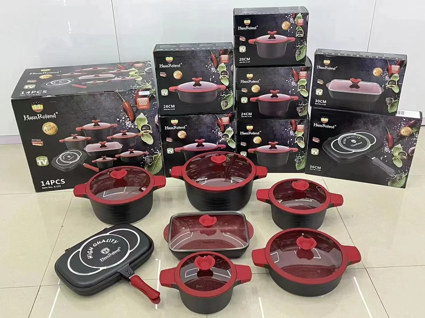 HausRoland 14 pcs Aluminium Die Casting Non stick Cookware Set Roasting Pans With Frying Pan