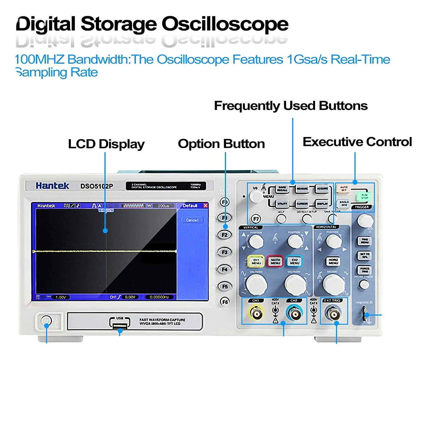 Hantek Dso5102p Digital Storage Oscilloscope 100mhz 2 Channels Bench Usb Oscilloscope