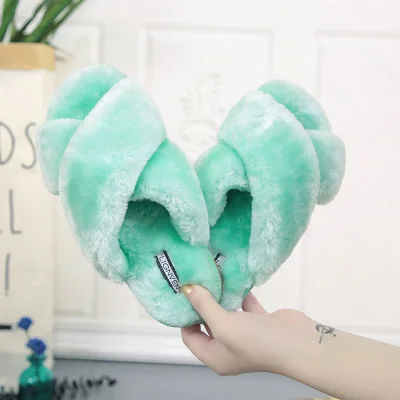 
Furry Women Leopard Slippers Faux Fur Ladies Cross Soft Female Open Toe Shoes 