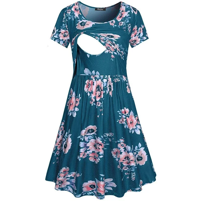 
Women Print Flower Maternity Nursing Dress Summer Short Sleeves Pregnancy Clothing Casual Vestido Embarazada 