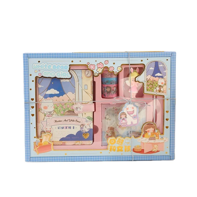 32k kawaii Gift Box Bear and Girl Sticker Stationery PU notebook color page for students