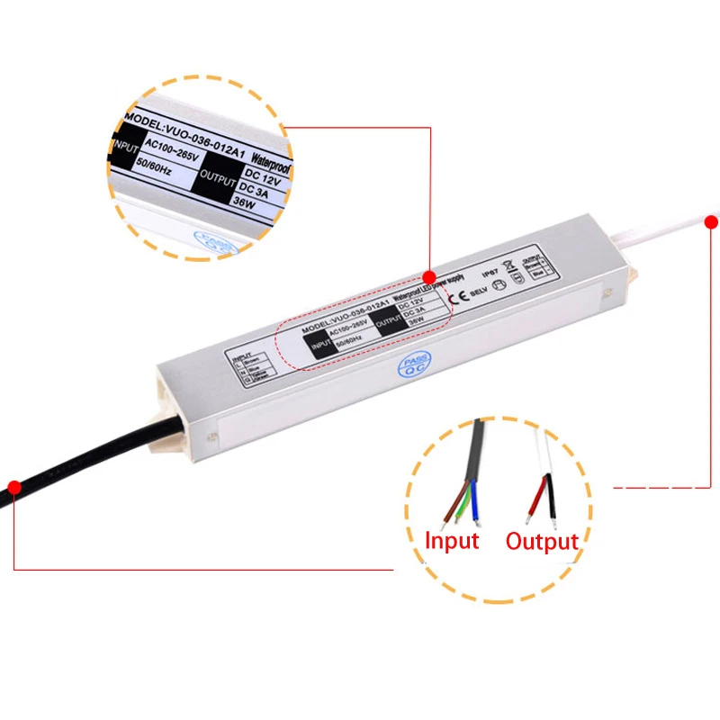ETL SAA CE Светодиодный драйвер 36 Вт ip67 Водонепроницаемый источник питания 12vdc 3A двойная изоляция 20 Вт-100 светодиодный трансформатор