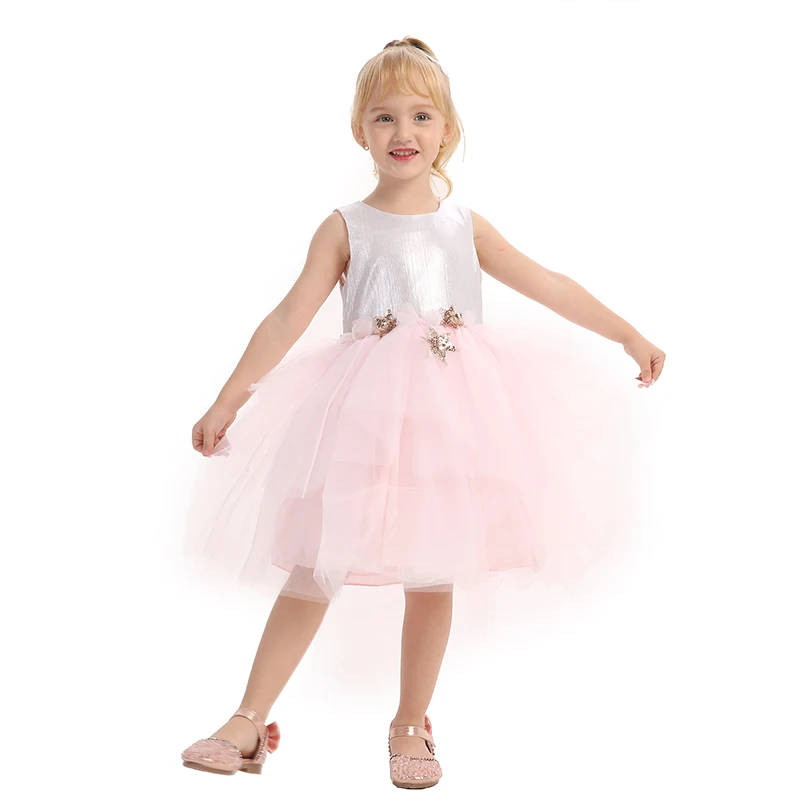 Fashion Asymmetry Baby Girl Wedding Dress Sleeveless Sequin Star Applique White Mesh Tutu Summer Party Girl Princess Dresses