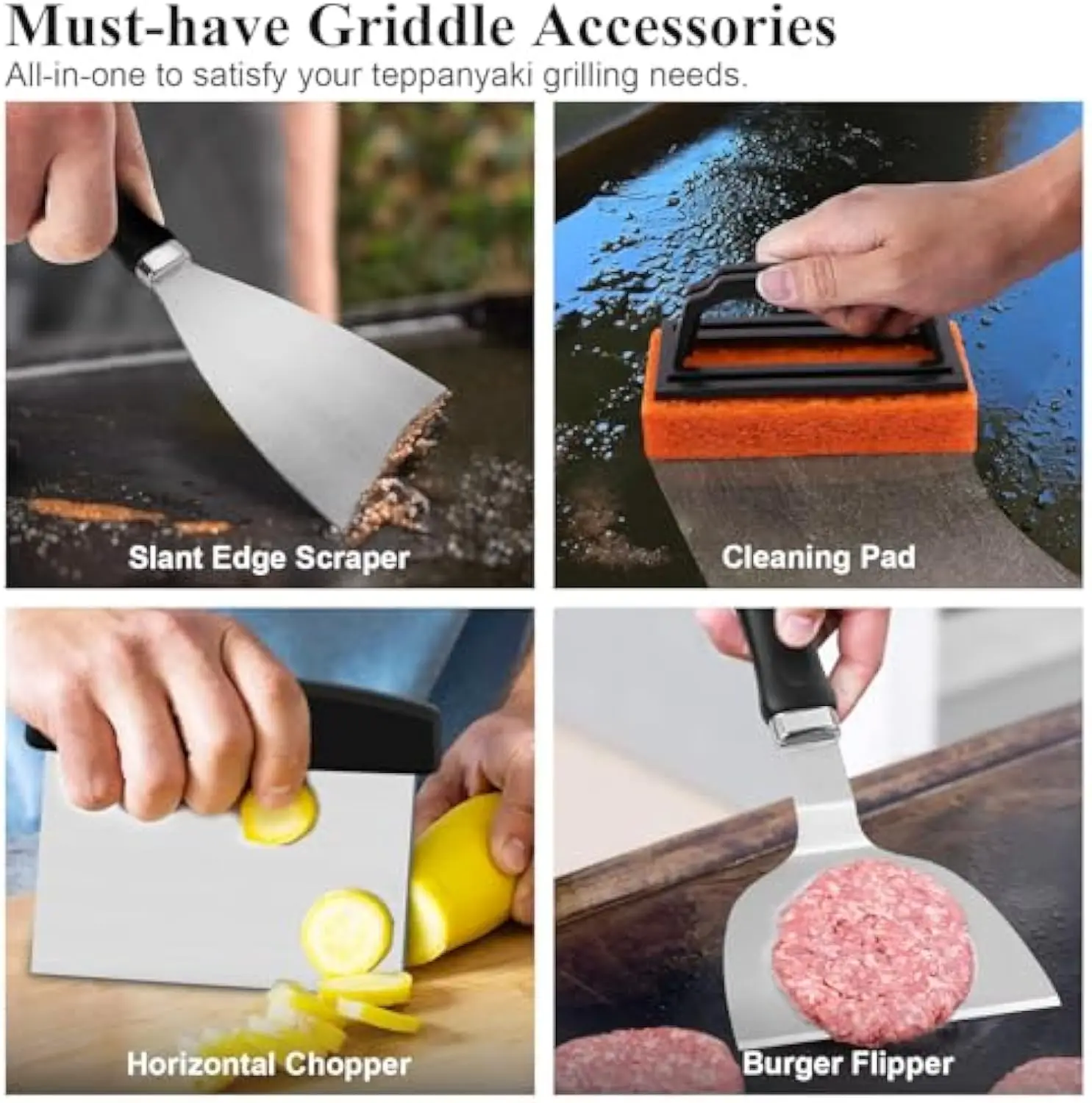 Flat Grill Tools Camp Griddle Accessories Kit Hibachi Spatula Gift Set with Basting Cover Burger Press Patty Maker Outdoor BBQ