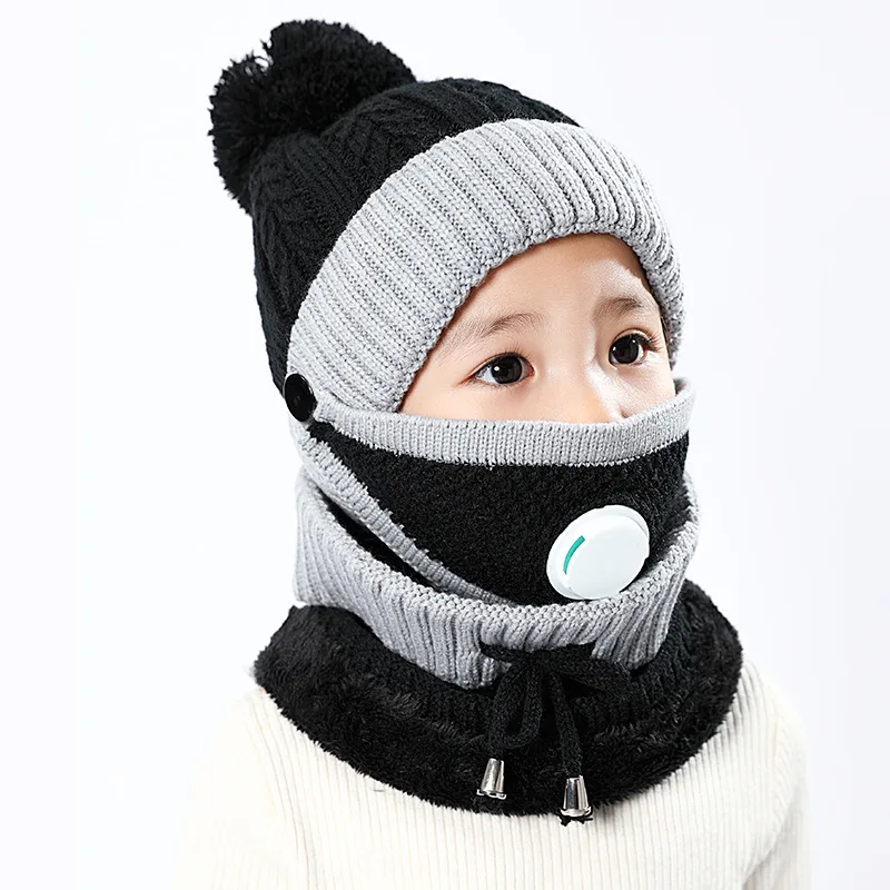 Winter Children hat with breathing valve girls beanie hat and scarf set baby one-piece acrylic hat beanie