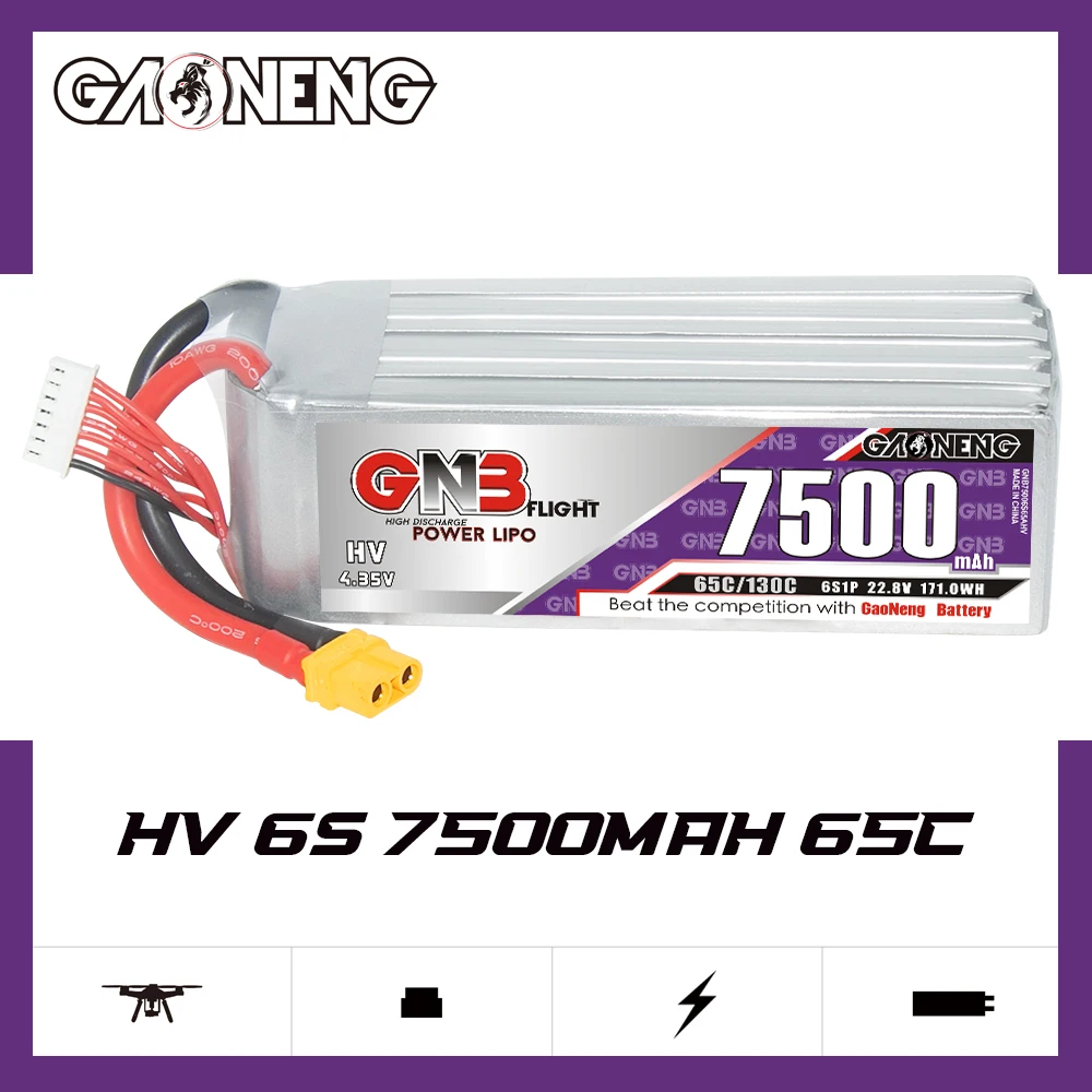 GNB GAONENG LiHV HV 7500mAh 6S 22.8V 65C 130C XT60 RC LiPo Battery RC Car Truck Tank Drone Airplane Boat Off Load on Load