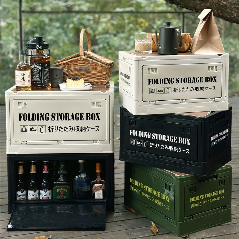 Wholesale Collapsible Camping box with Lid Foldable Plastic Storage Bin with Wooden Cover and Secure Latching Buckles