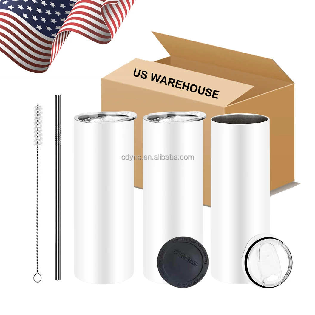 Usa warehouse sublimation tumbler blank with metal straw white wholesale bulk stainless steel 20 oz straight screw on duo lids
