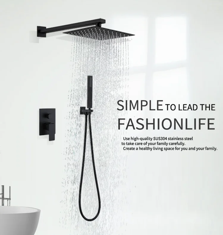Black Shower Set Wall Mounted Shower Faucet Mixer 8,10,12 inch Rainfall Bathroom Shower Tap with Hand shower Rotate Bath Spout