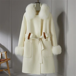 Women Winter Real Fox Fur Coat Jacket 2021 Female Lady Over Size Wool Blends Parka Trench Cape Z21172