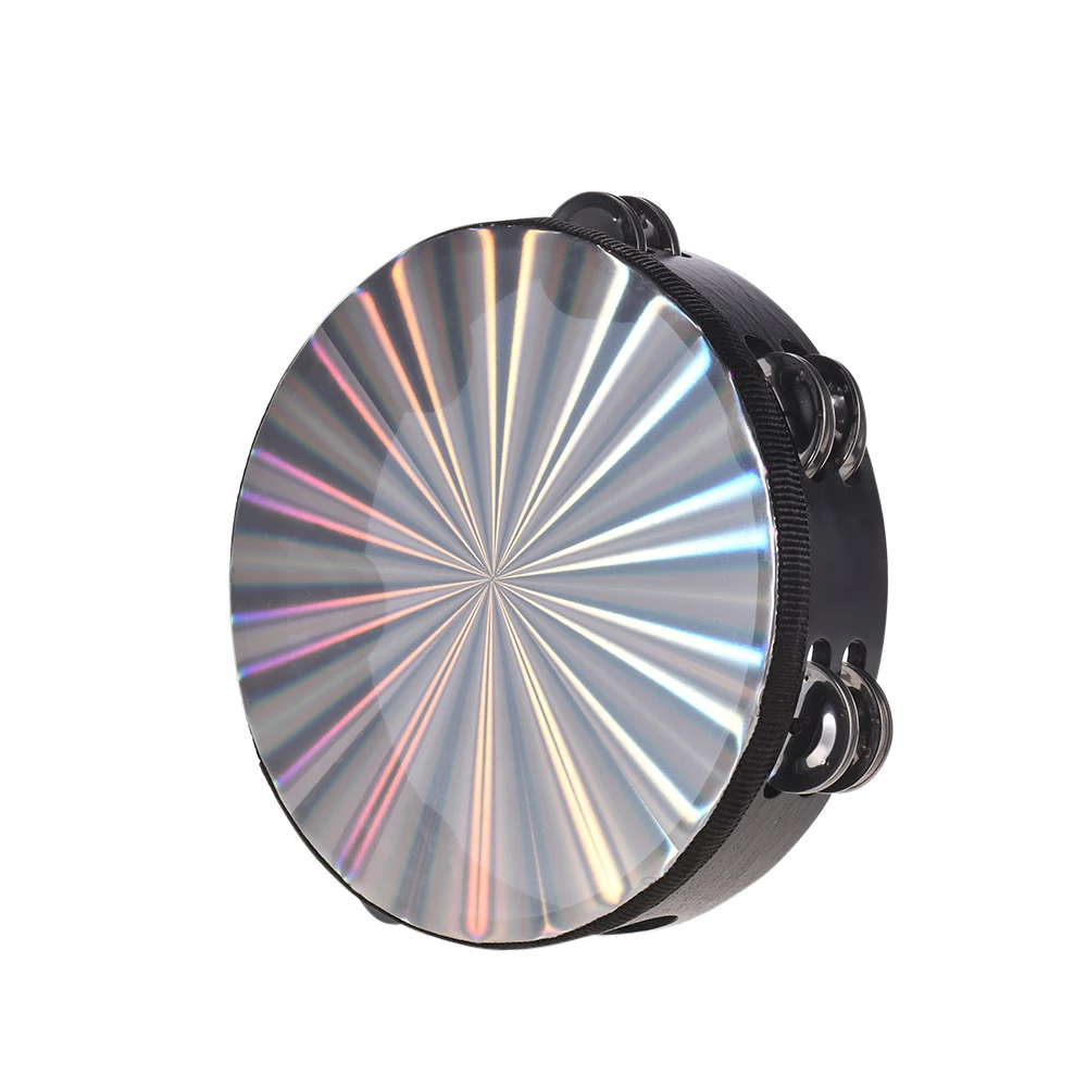 8 Inch Wooden Radiant Tambourine Handbell Hand Drum  with Double Row Jingles Percussion Instrument