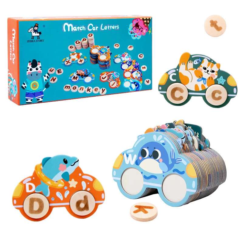 Wholesale Educational Card Spelling English Words Game Children Alphabet Learning Toy Wooden Match Letters Car