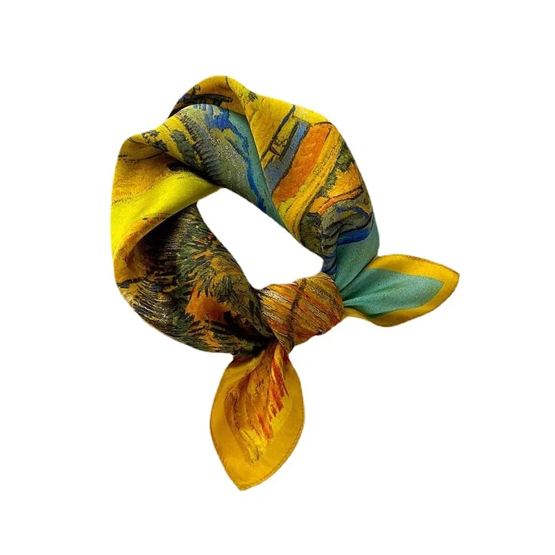 Retro Floral Aurora Silk Scarf Long Oil Painting Printed Decorative Neck Solid Bows French Temperament Small Square Design