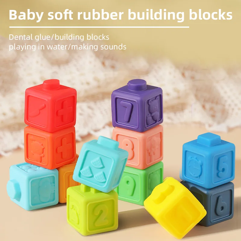 Soft Rubber Squeeze Cube Teether Toy Baby Teething Bite Play Stacking 3d Embossed Number Building Blocks