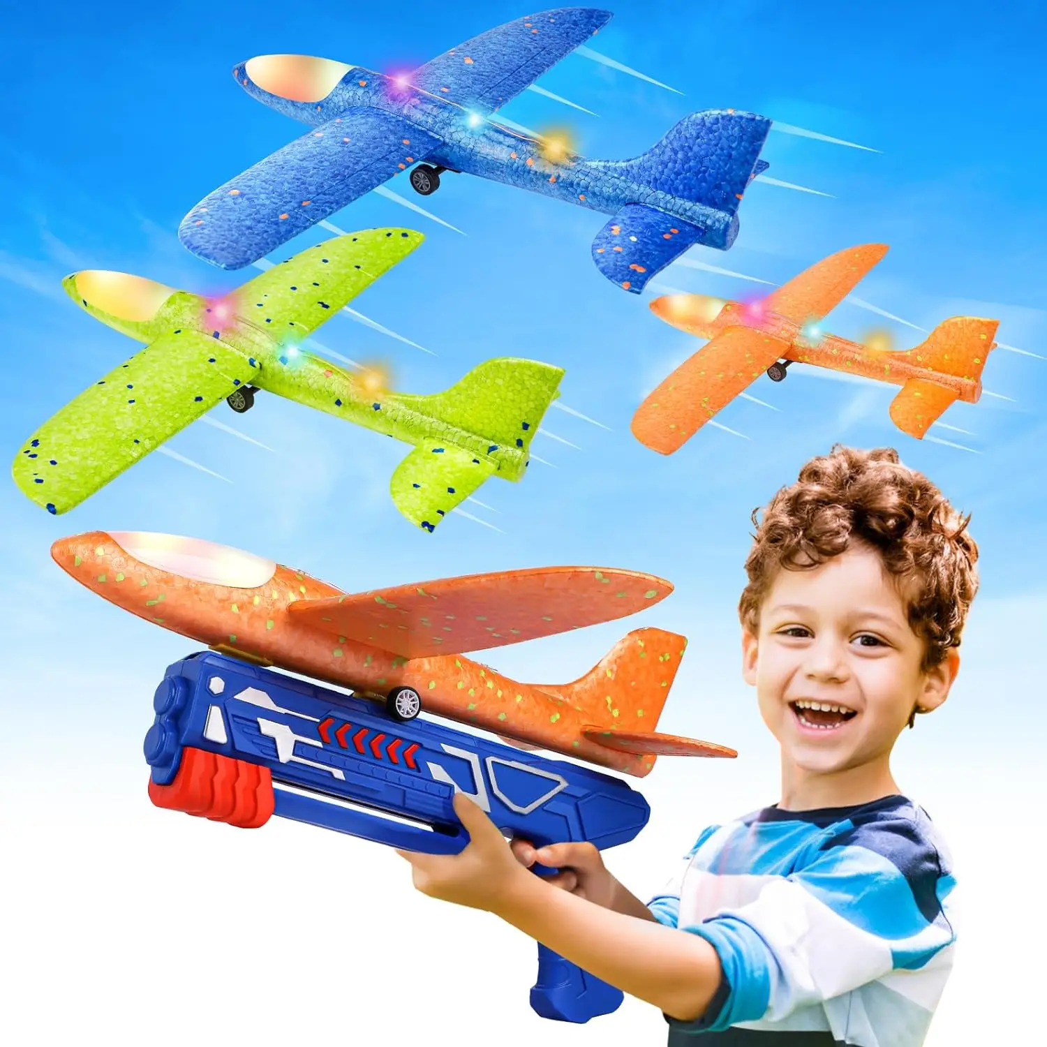 EPT Kids Outdoor Toys 3 Pack 13.2' LED Foam Glider Catapult Plane Launch Launcher Toys wiht 2 Flight Modes
