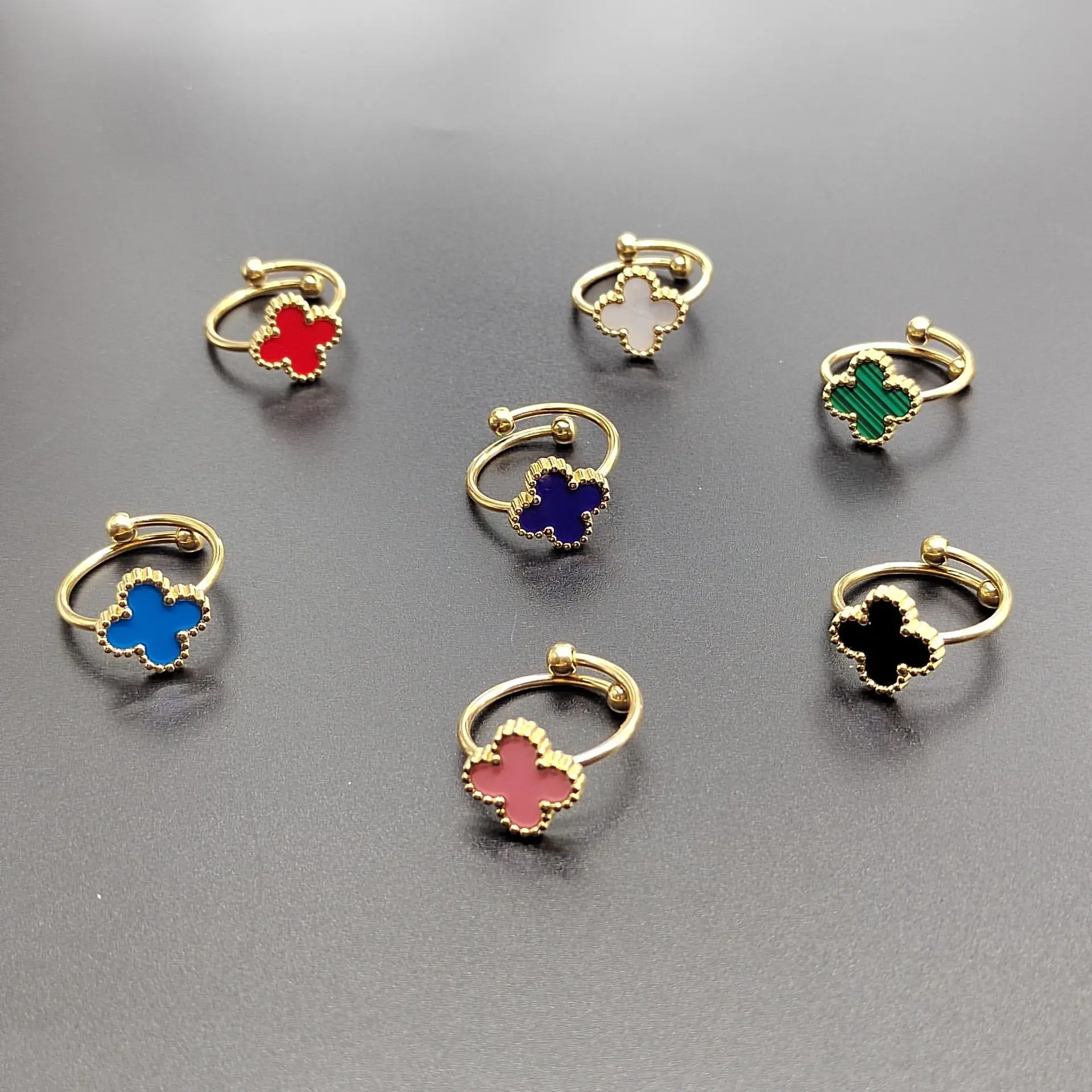 Stainless Steel Four Leaf clover Adjustable Opening Ring 18K Gold plated Fashion Versatile Design Sense Ring Wholesale