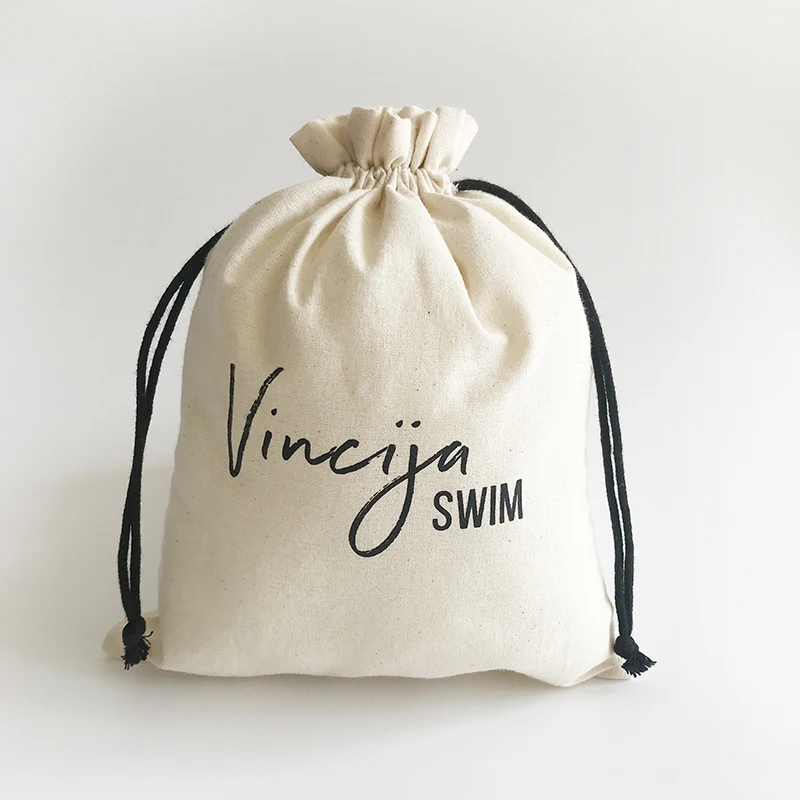 Eco Friendly Custom Logo 20x25cm Natural Drawstring Cotton Swimsuit & Bikini Bags For Beach