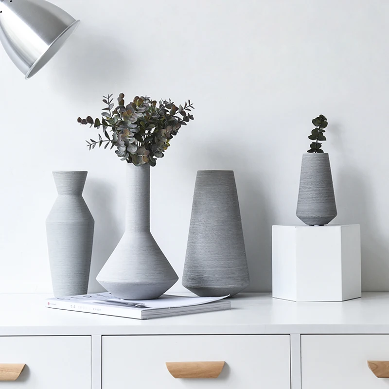 Simple Line Geometric Vase Home Decor Nordic Minimalist Ceramic Vase Grey Brushed Vase
