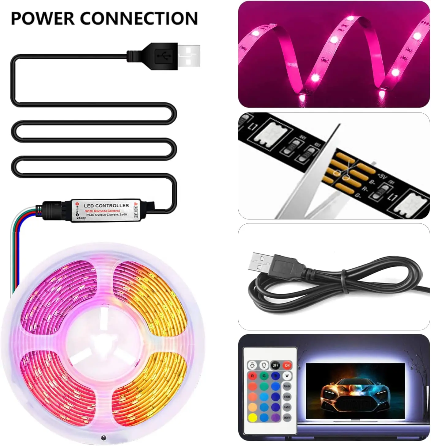 Полоски светодиодные Rgb 16 4 фута 5050 usb-контроллер ИК 24 ключа дистанционное ТВ подсветка полосы IP20 IP65
