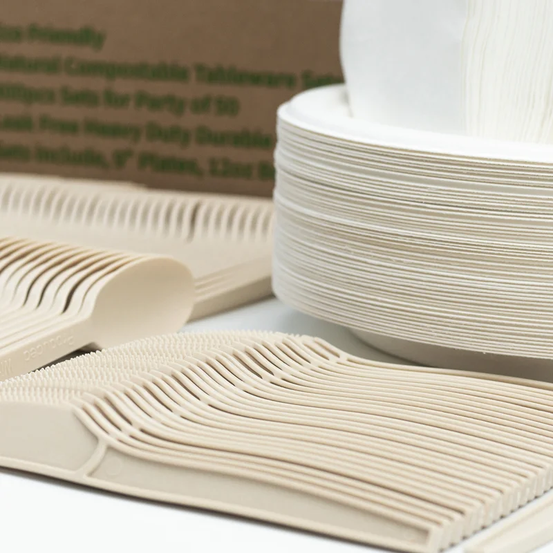 Cheap Price Wholesale 300pcs Tableware Set Compostable Sugarcane Bagasse Cutlery for Party and Go Out Picnic with Plates Bowls