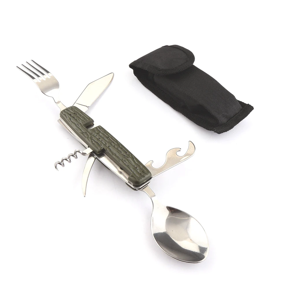 5 IN 1 Stainless Steel Utensil Folding Knife Fork Spoon Cutlery Set for Camping Picnic Travel Hiking