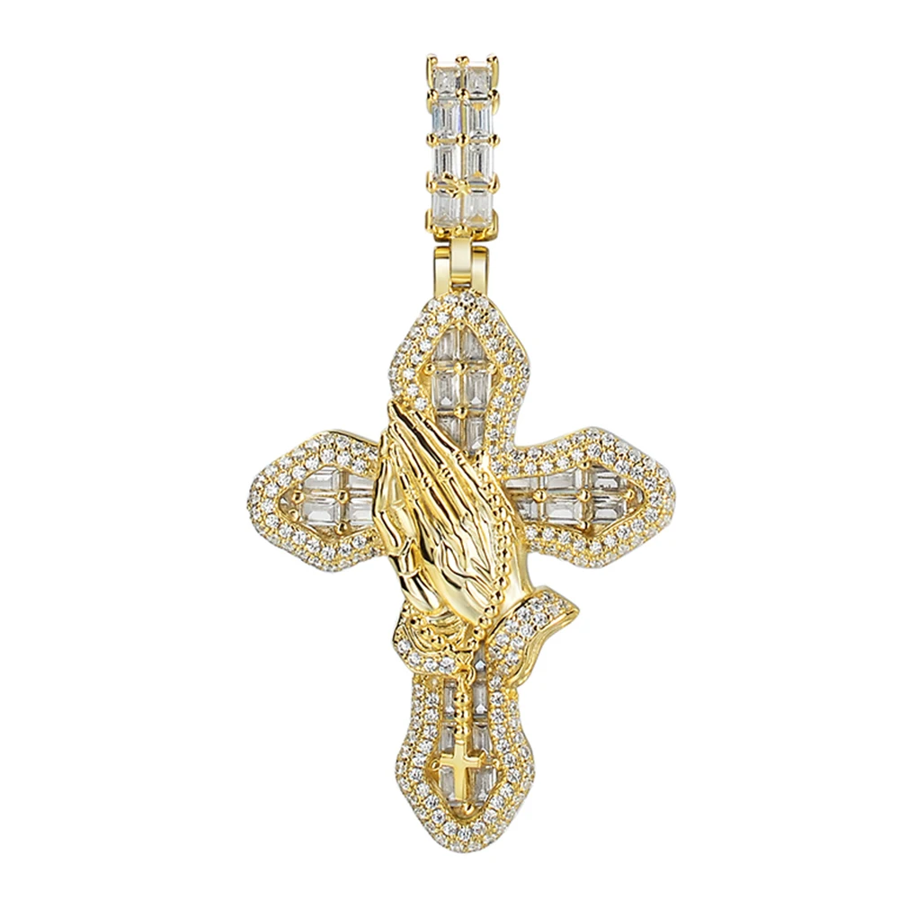 High quality 10K 14K rhodium gold plated micro pave cz moissanite chunky custom anchor nail christian praying hand cross pendant