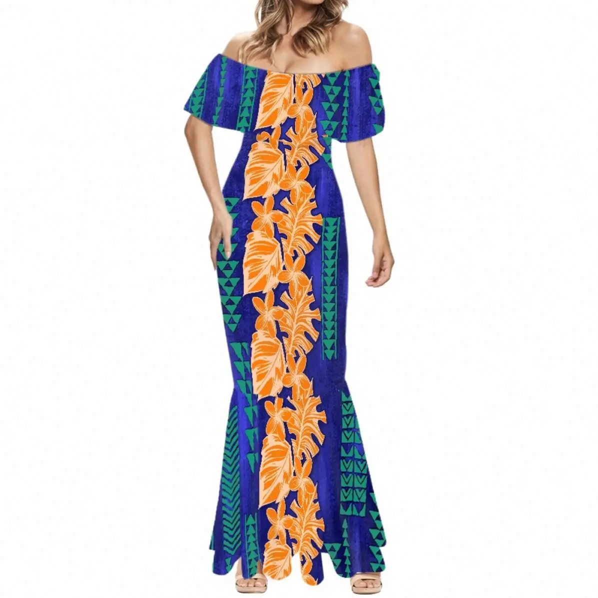Off Shoulders Ruffles Maxi Prom Cocktails Dresses Polynesian Tribal Samoa Print Custom Micronesian Women Evening Party Mermaid