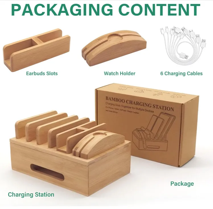 High Quality Bamboo Creative Multifunctional Desktop Wood Docking Station Organizer For Cell Phones